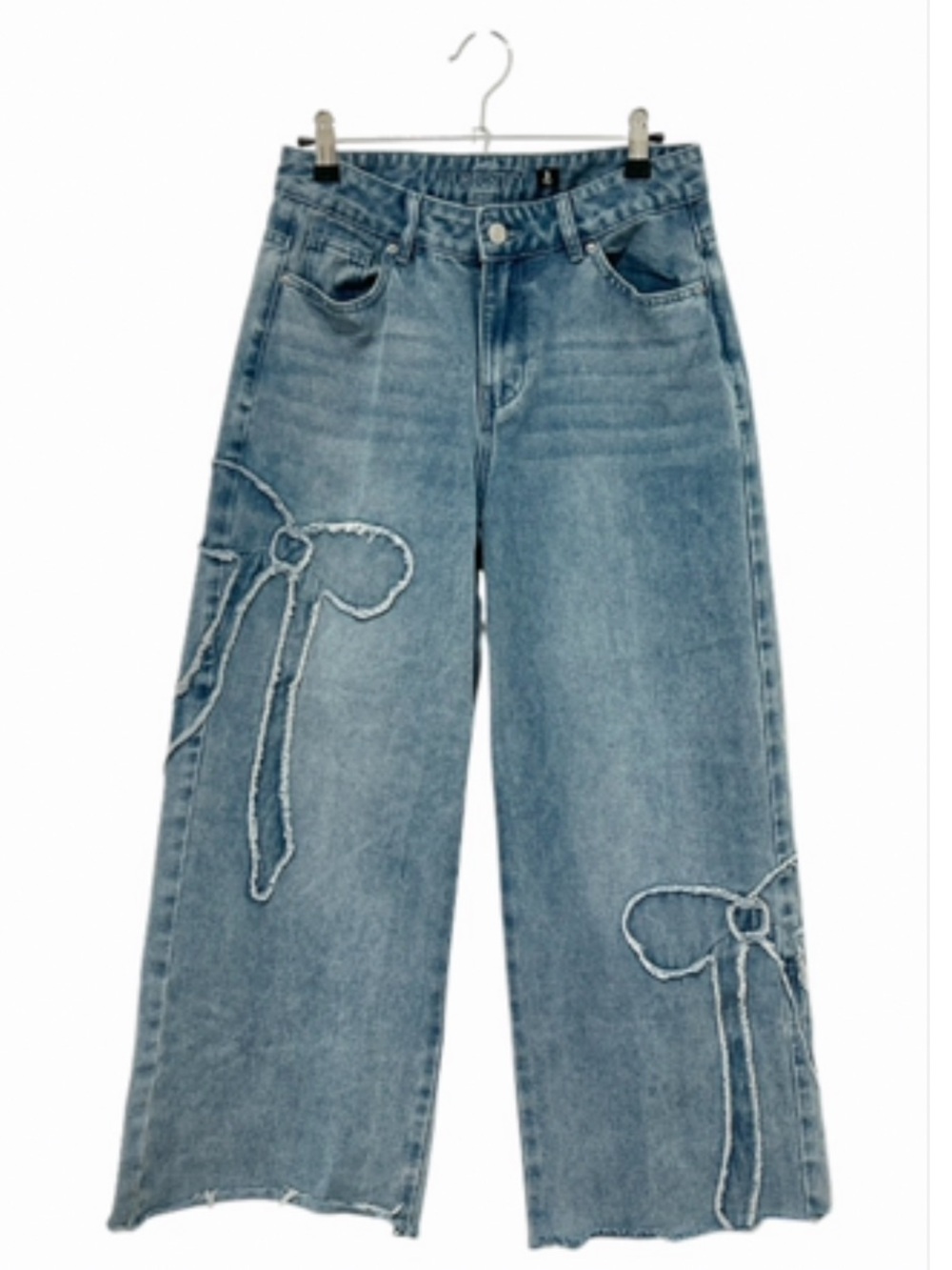 J for Justice Women Frayed Edge Bow-Tie Wide Leg High Rise Loose Denim Jeans Sz3